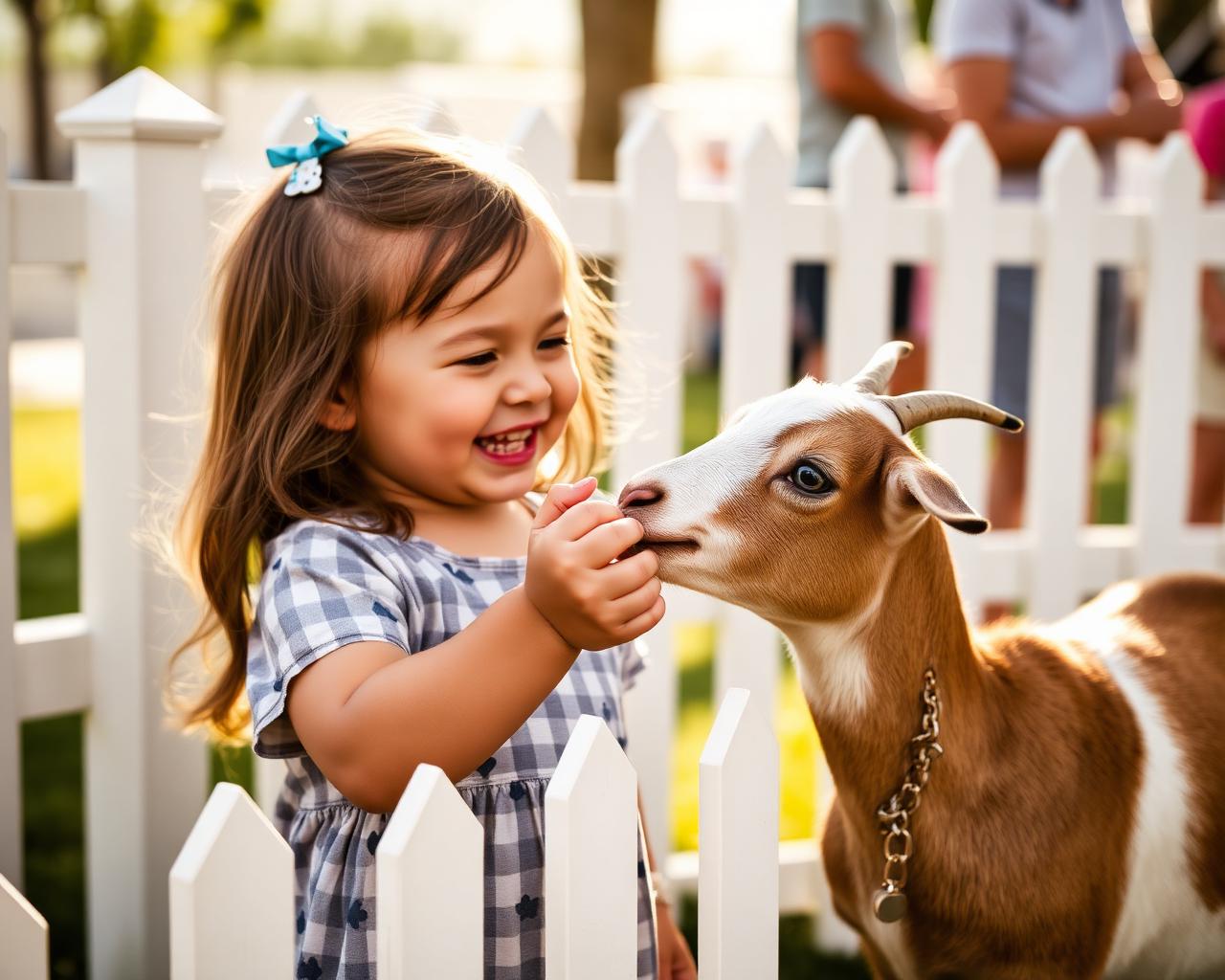A child gently feeding a goat at a backyard birthday party