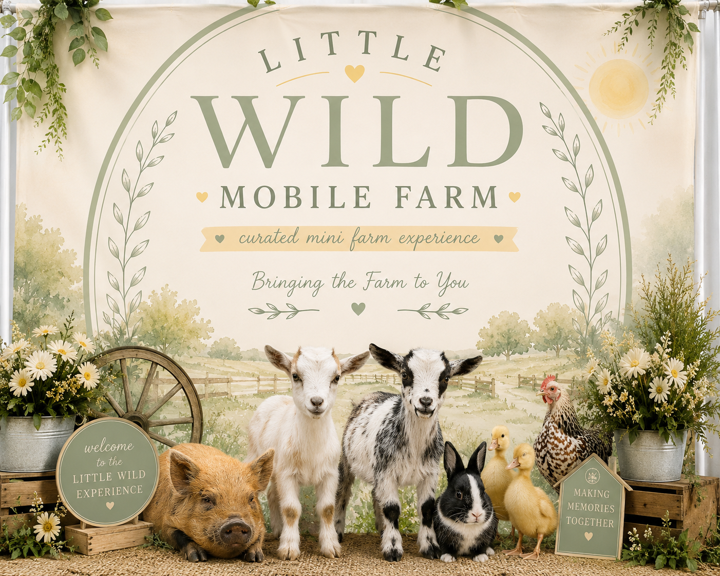 Little Wild Mobile Farm — curated mini farm experience with goats, pig, bunny, ducklings and chicken